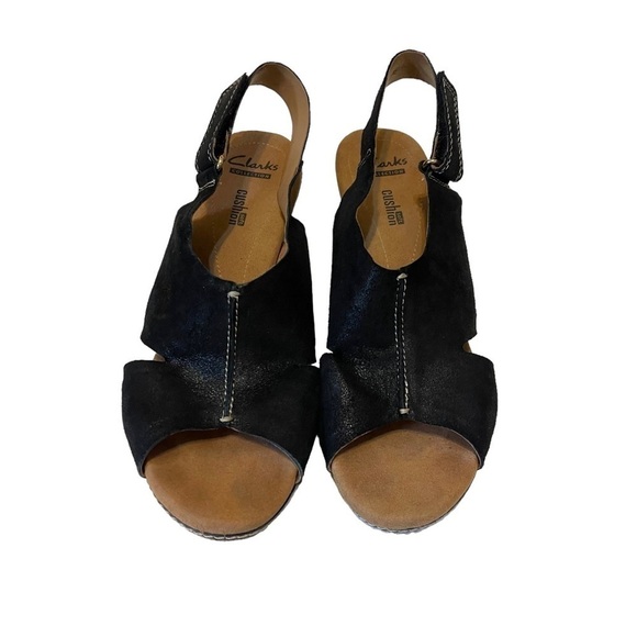 Women’s CLARKS Helio Float Nubuck Black Slingback Wedges Sandals Shoes - Picture 5 of 7